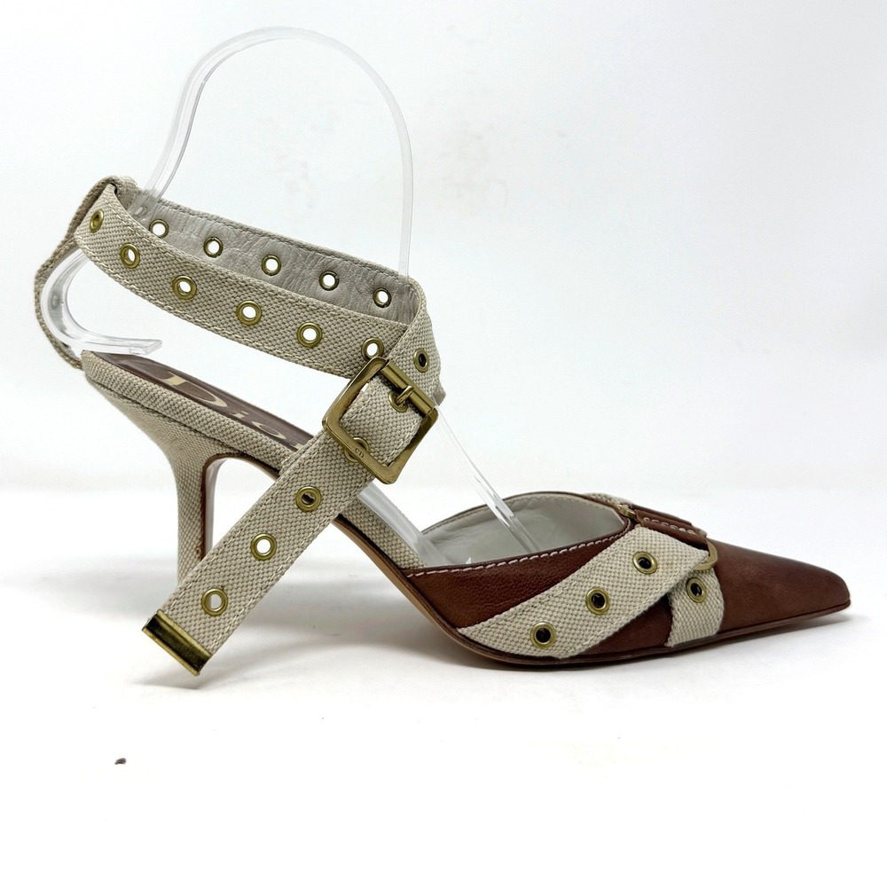 Dior Galliano Era 2002 Canvas Leather Grommet Heels Slingback 38.5‎ - Picture 3 of 10